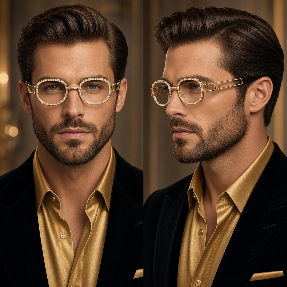 Rhinestone Round Glasses Gold Frame Hip Hop Fashion Men's‎ Sunglasses Sreet Wear